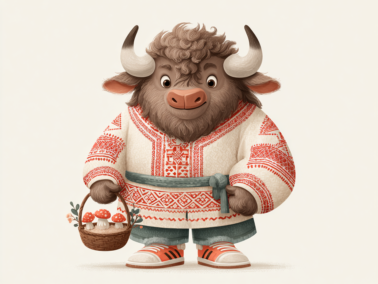 Bison character in Eastern European embroidered clothing