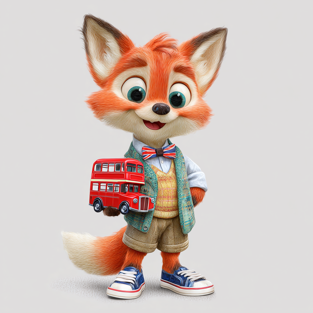 British fox character carrying a red bus