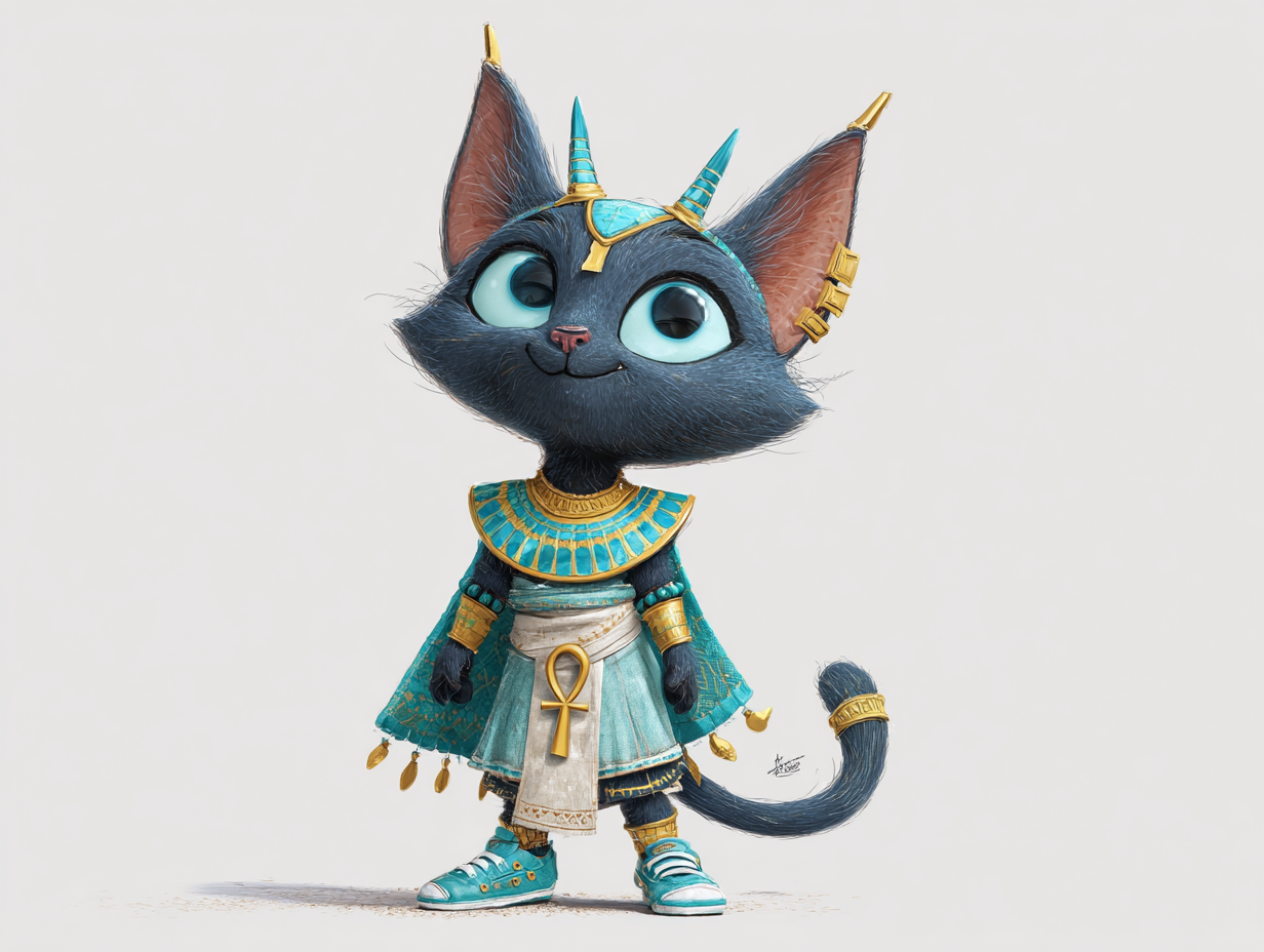 Egyptian cat character in turquoise and gold