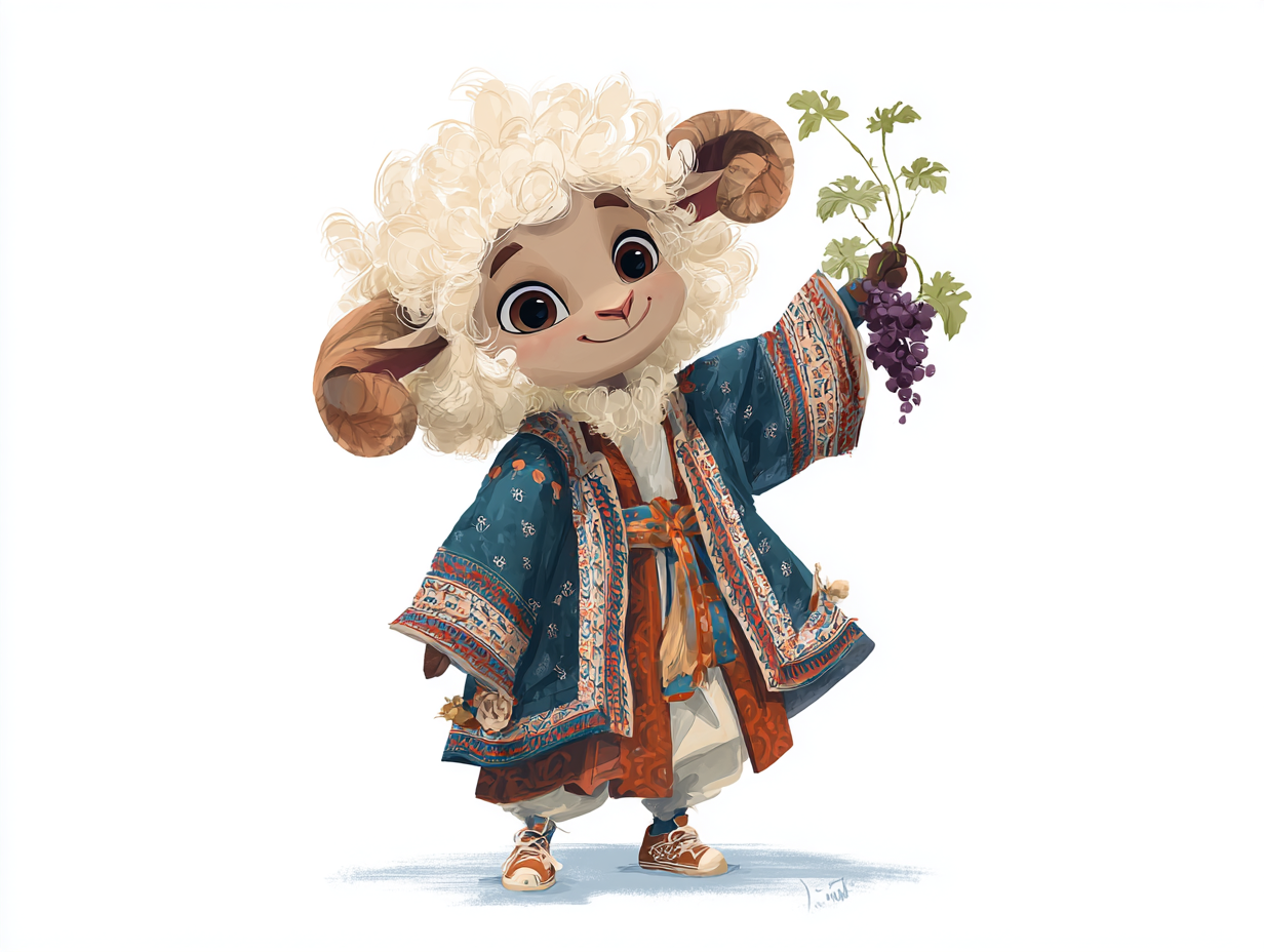 Georgian ram character holding grapes