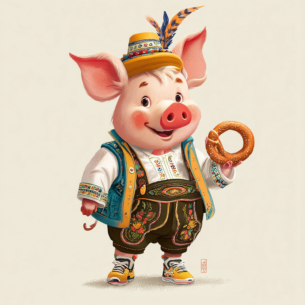 German pig character holding a pretzel