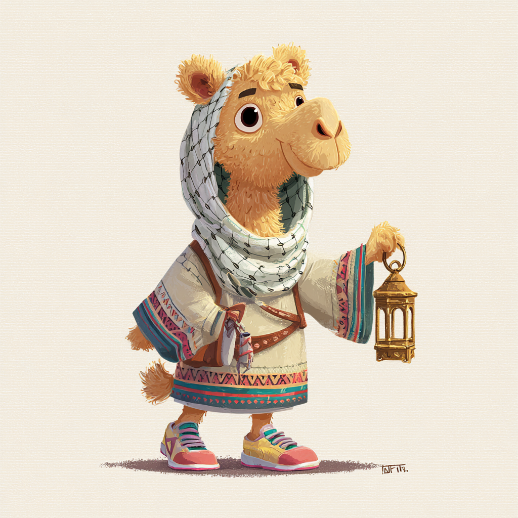 Middle Eastern camel character holding a lantern