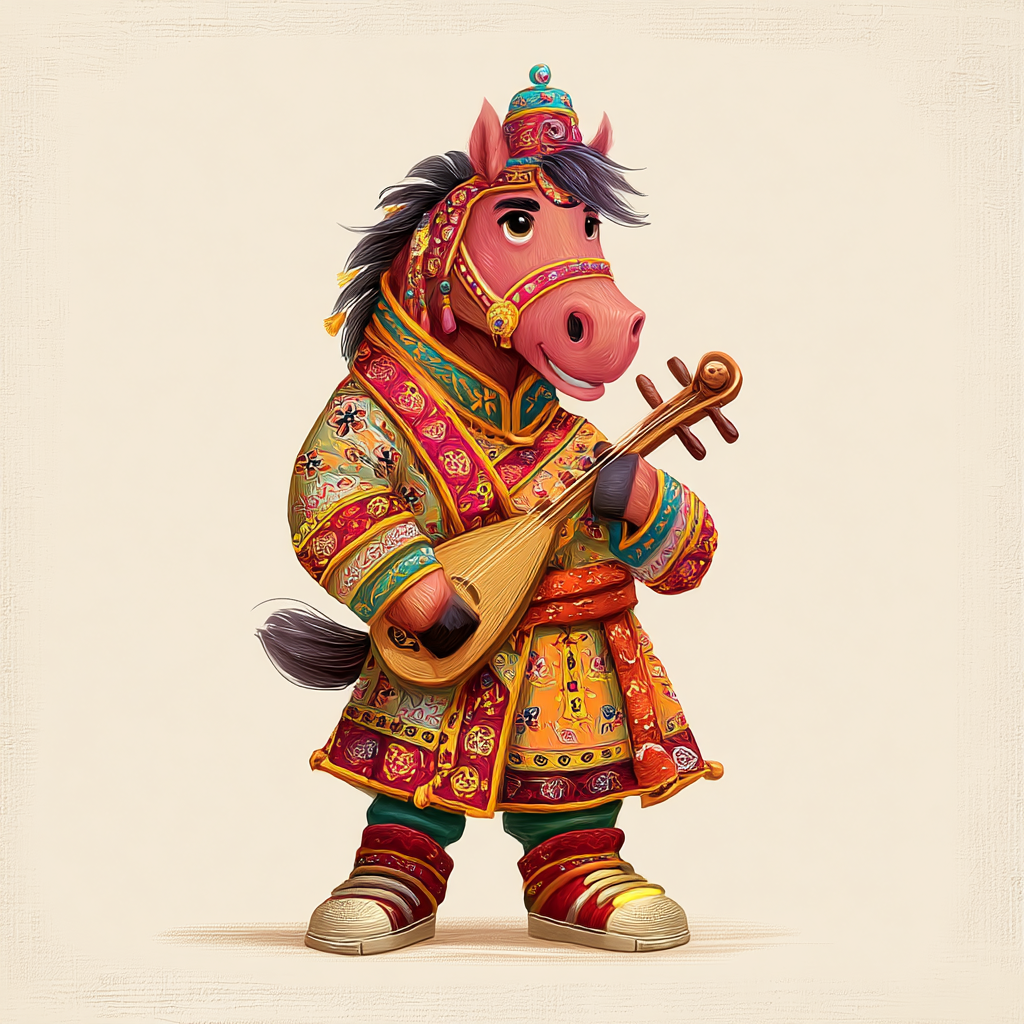 Mongolian horse character playing a traditional instrument