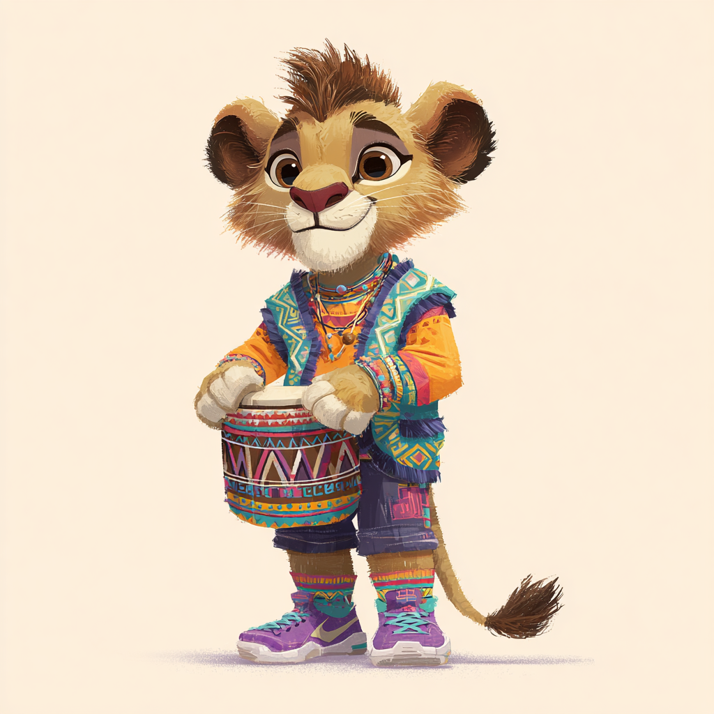 South African lion character playing a drum