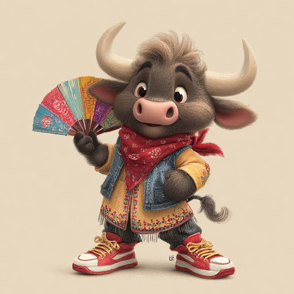 Spanish bull character holding a colorful fan