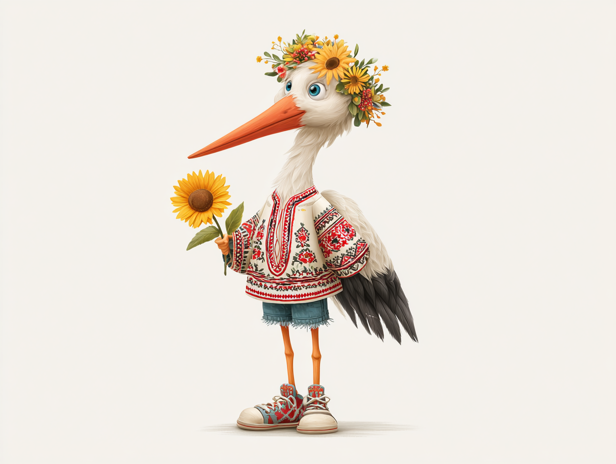 Ukrainian stork character holding a sunflower