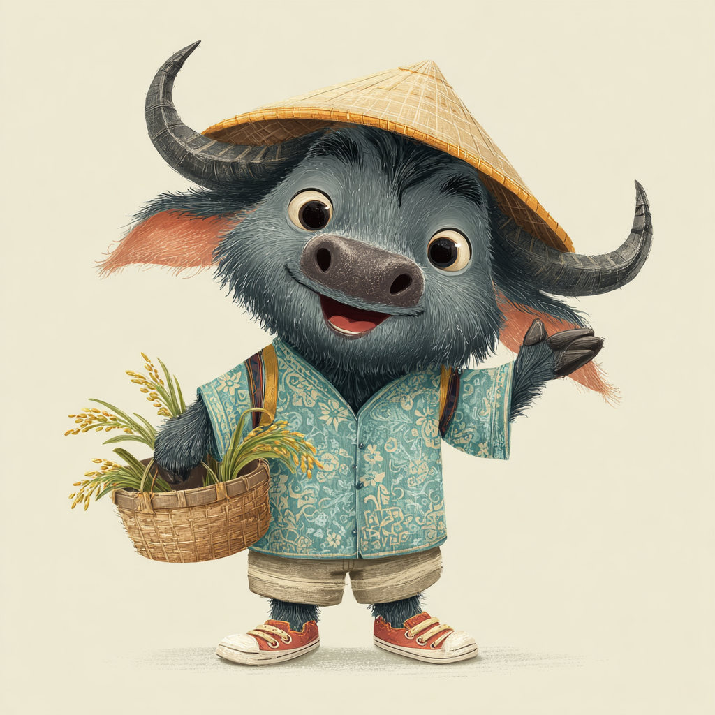 Vietnamese water buffalo character carrying rice for Lunar New Year