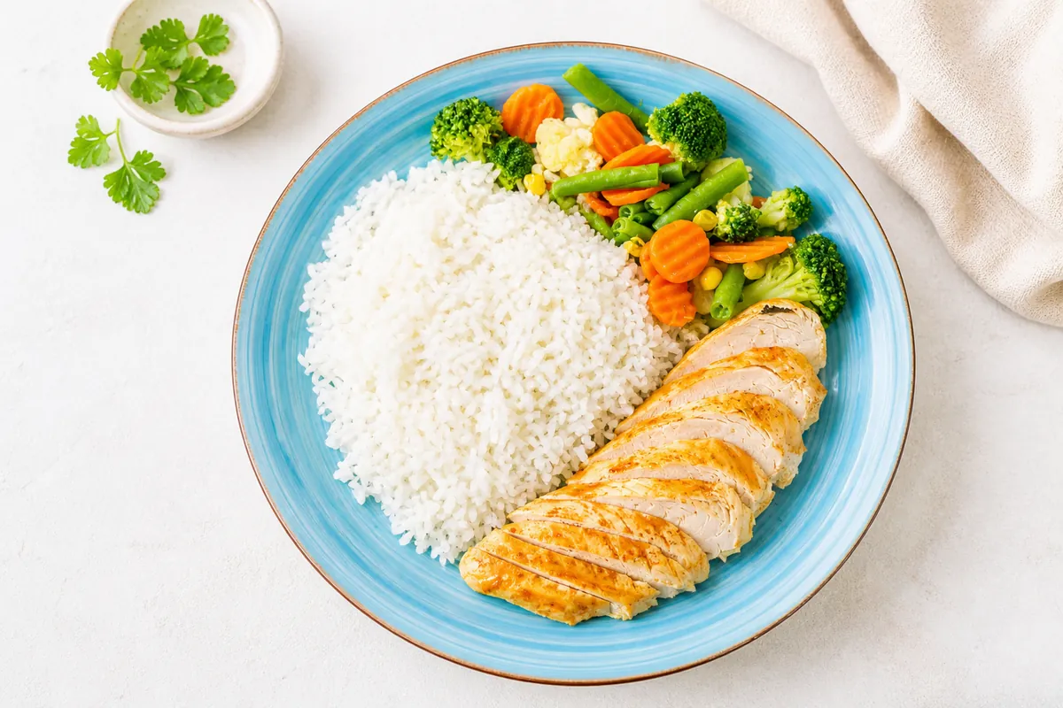 A balanced Global Children School meal of chicken, rice, and colorful vegetables